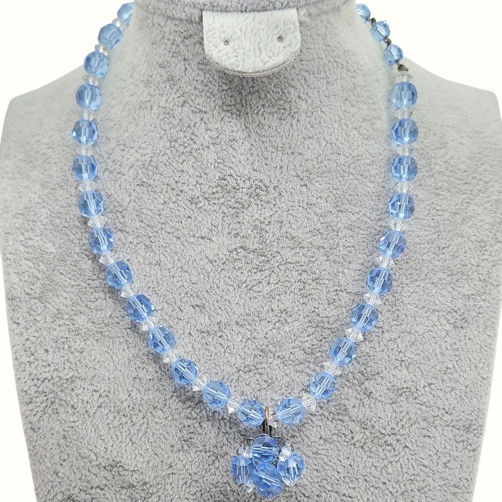 Vintage Faceted Blue Crystal‎ Bead Necklace Mid Century Art Deco Style
